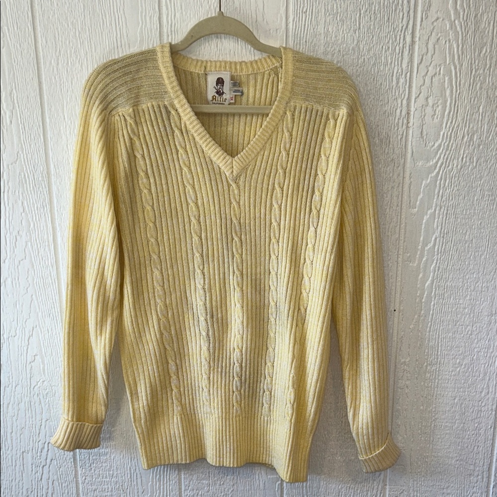 Vintage Alfie California Light Yellow Cable Knit Sweater V Neck Cuff Sleeve